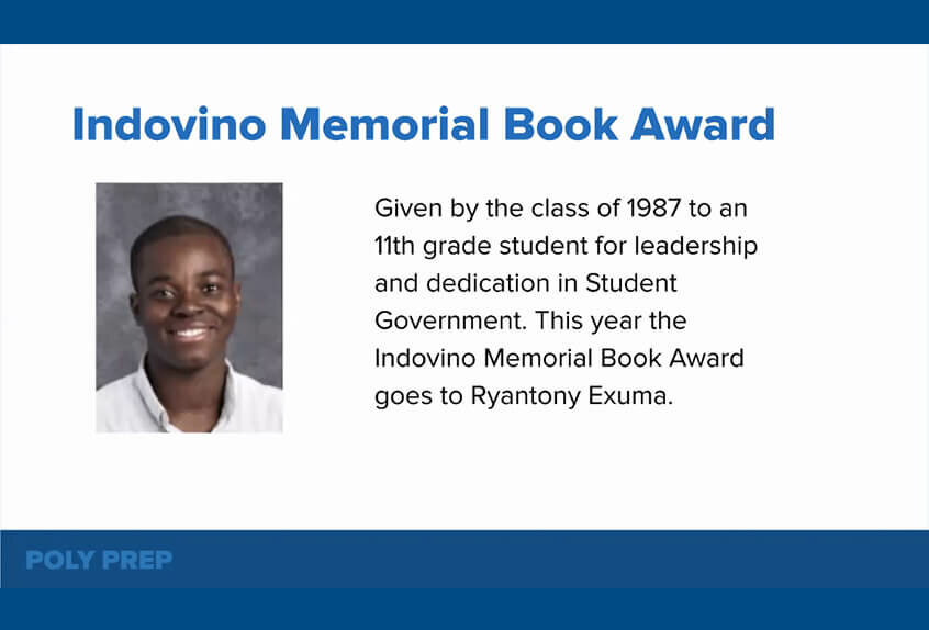 Indovino Memorial Book Award to Ryantony Exuma ’22