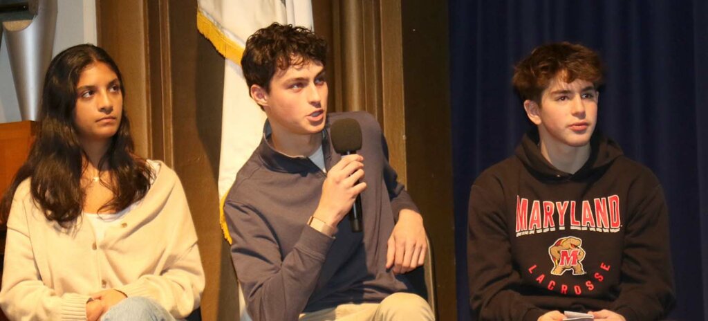 Shark Tank student sharks Anjali Budhram ’24, Luke Farris ’24, and Petros Dulos ’25