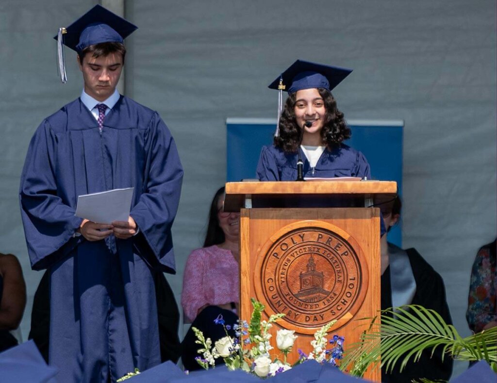 Marisa Triola '24 and William Ling-Regan '24 speaking at Commencement