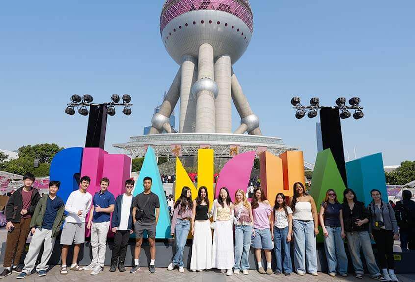 Students in front of Oriental Pearl Tower in Shanghai